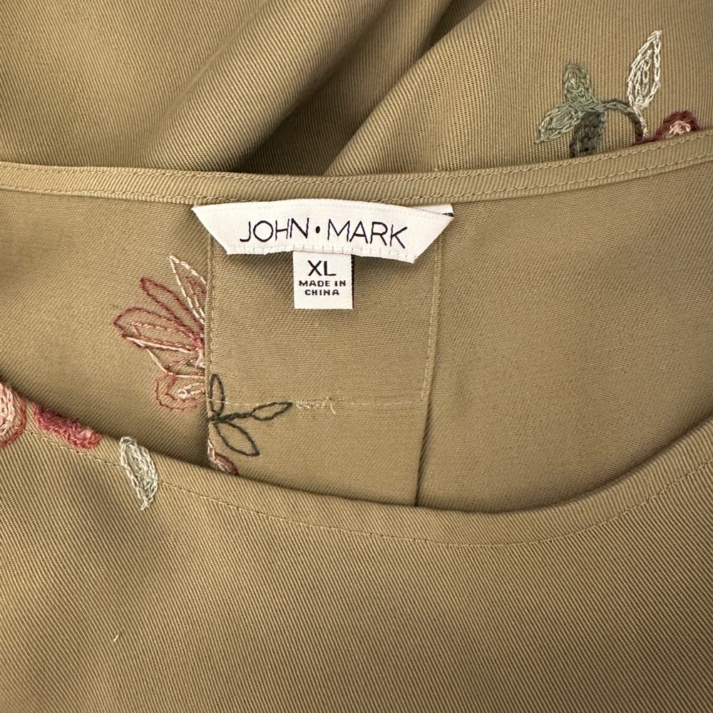 John Mark Olive Green Floral Embroidered Blouse with Pink Roses - Picture 4 of 5